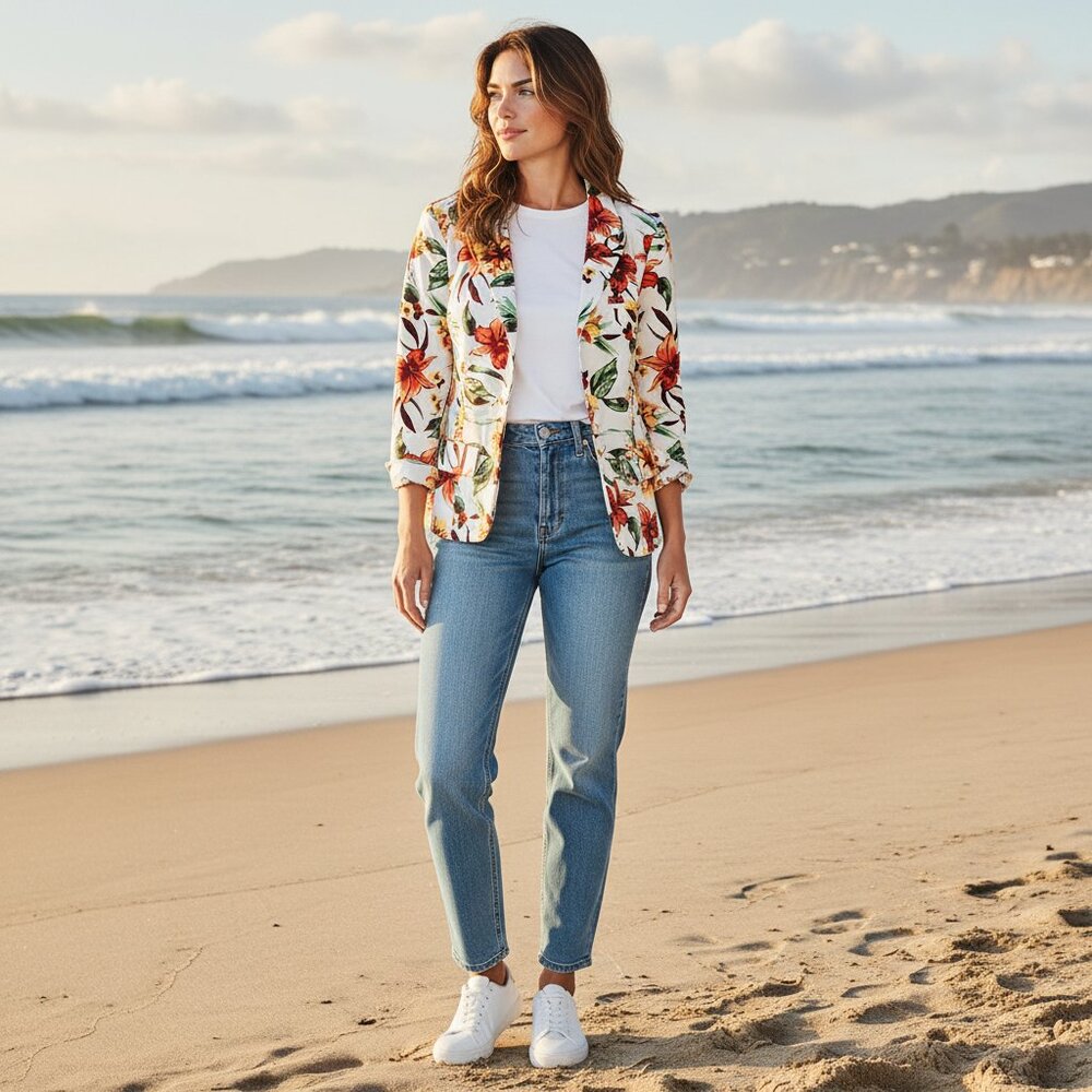 Studio Works White Floral Aloha Blazer Jacket Women's L Lined Shoulder Pads